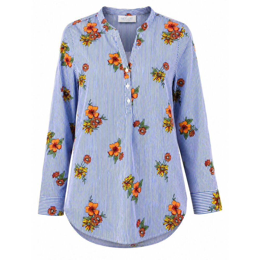 The Skyline Collection XL Blue Stripe Floral Popover Blouse